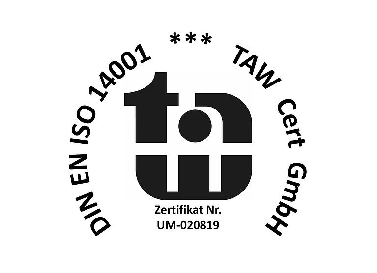 Circular certification seal displaying a bold abstract black logo centered, surrounded by curved certification text and three asterisks above on a white background.
Text found in image (transcribed):
DIN EN ISO 14001
***
TAW Cert GmbH
Zertifikat Nr.
UM-020819