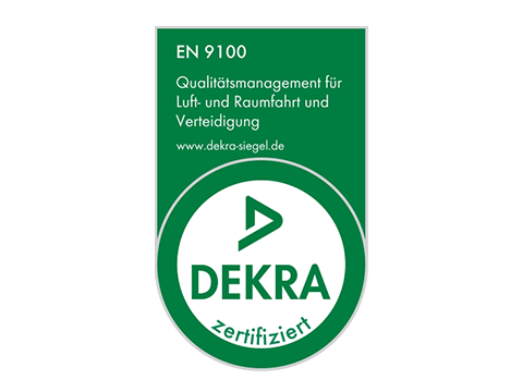 Grünes DEKRA-Prüfzeichen mit dreieckigem Logo in kreisförmigem Siegel; Es weist auf das Qualitätsmanagement der Luft- und Raumfahrt- und Verteidigungsindustrie EN 9100 hin und wird auf einem schlichten weißen Hintergrund angezeigt.

Transkribierter Text:
EN 9100
Qualitätsmanagement für Luft- und Raumfahrt und Verteidigung
www.dekra-siegel.de
DEKRA
zertifiziert