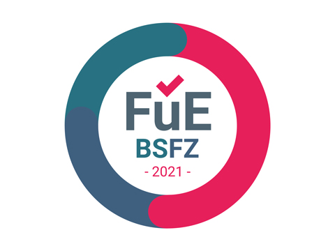 Ein zweifarbiger Kreisring umschließt teilweise den zentrierten Text auf weißem Hintergrund: "FuE" "BSFZ" "- 2021 -".