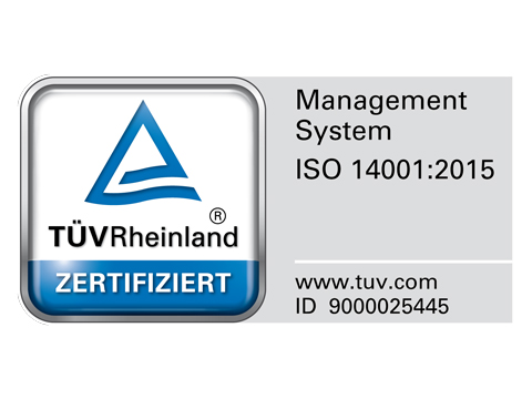 Ein quadratisches TÜV Rheinland-Zertifizierungsabzeichen zeigt links ein blaues dreieckiges Logo und „ZERTIFIZIERT“ sowie ein graues Feld mit Details zum Managementsystem.

Text im Bild:
TÜV Rheinland®
ZERTIFIZIERT
Managementsystem
ISO 14001:2015
www.tuv.com
ID 9000025445