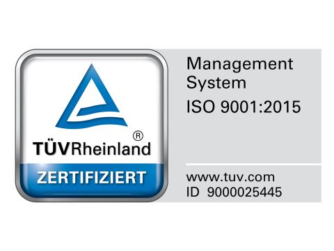 Das TÜV Rheinland-Zertifizierungsabzeichen zeigt Zertifizierungsdetails auf einem metallischen Quadrat neben einer grauen Tafel an.

Text (wörtlich):
TÜV Rheinland®
ZERTIFIZIERT
Managementsystem
ISO 9001:2015
www.tuv.com
ID 9000025445